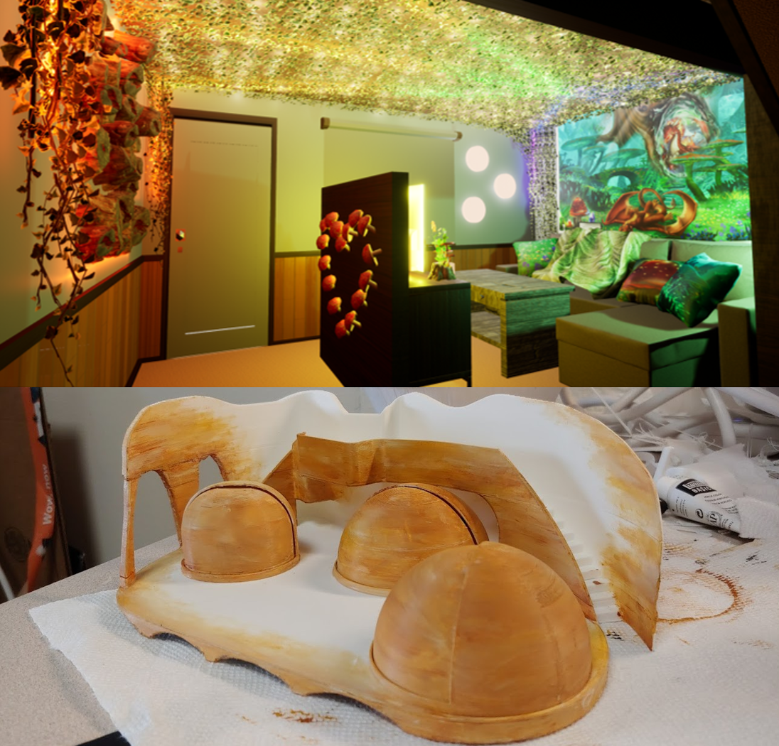 Two images, one on top of the other. The top image is of a digital 3D model of a living room space with decorations inspired by nature and fantasy. The model has a variety of colorful lights placed in playful locations. The bottom image is a photo of a painted 3D model of a set design.