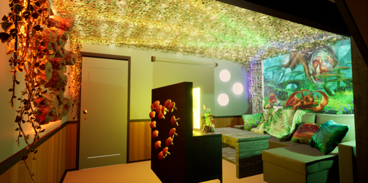 Image of a digital 3D model of a living room space with decorations inspired by nature and fantasy. The model has a variety of colorful lights placed in playful locations.