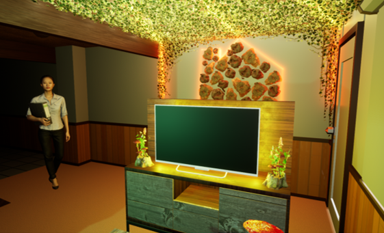 Image of a digital 3D model of a living room space with decorations inspired by nature and fantasy. The model has a variety of colorful lights placed in playful locations.