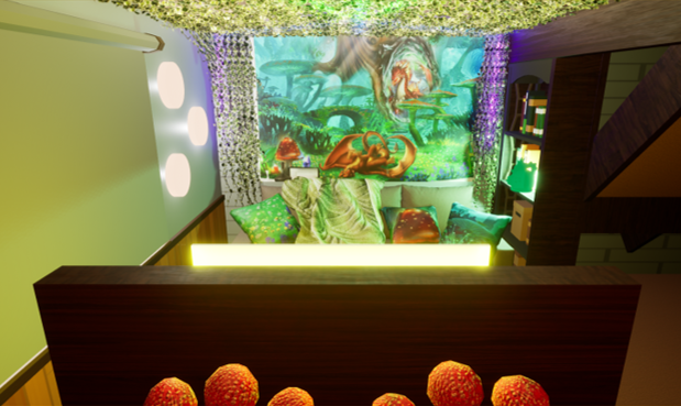 Image of a digital 3D model of a living room space with decorations inspired by nature and fantasy. The model has a variety of colorful lights placed in playful locations.